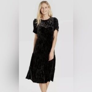 Who What Wear Jet Black Velvet Crushed Midi Pull On Dress